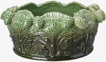 Bild av grönmelerad skål med kottar och tallbarr i keramik