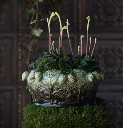 Bild av grönmelerad skål med växtarrangemang och mossa