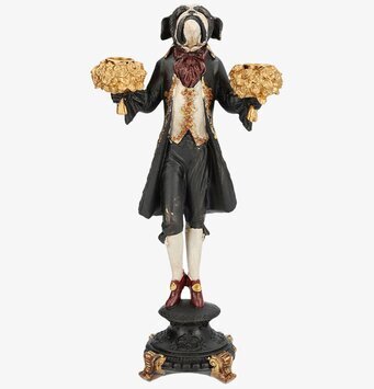 Bild på dekorativ ljusstake med bulldogg i 1700-talskläder