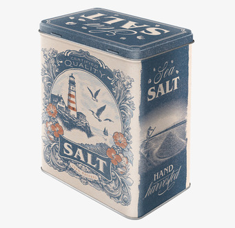 Bild på retro plåtburk för salt med maritim och blå design
