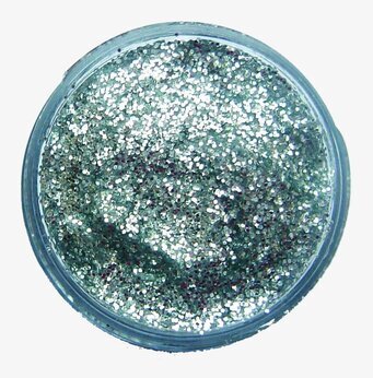 Bild av rund burk med skimrande silverfärgad glittergel