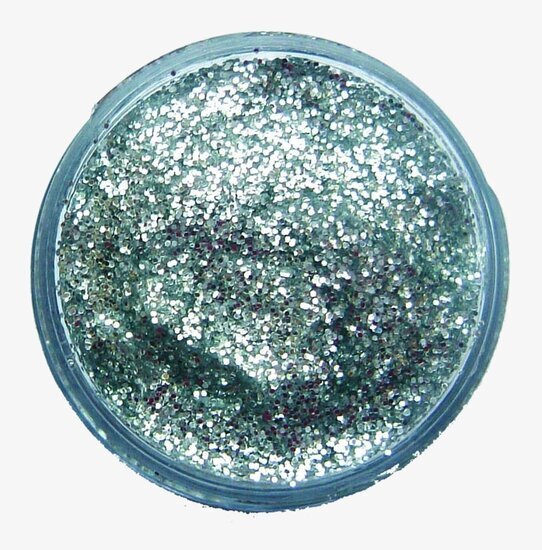 Bild av rund burk med skimrande silverfärgad glittergel