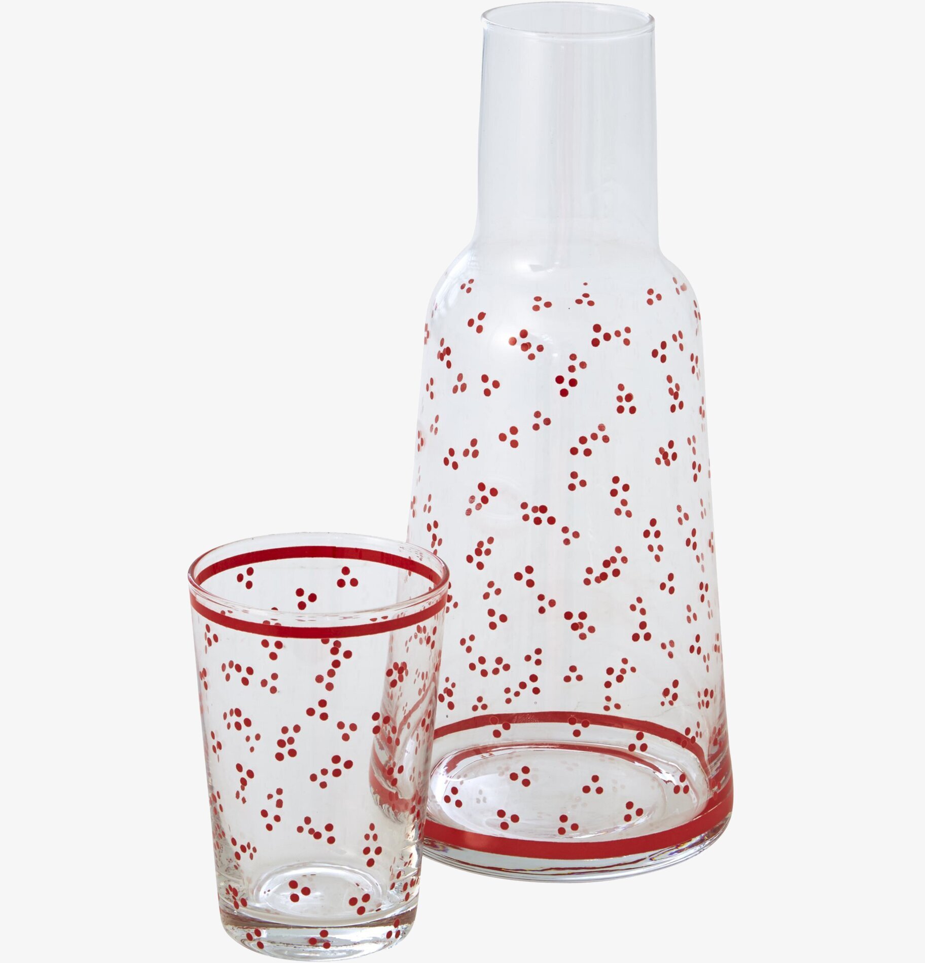 Karaff med dricksglas från Rice, dekorerad med röda prickar