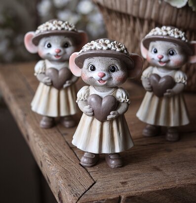 Foto: Tre dekorationsmöss med hjärtan på träbordet