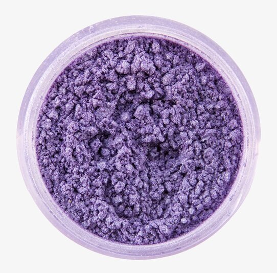Bild av lila skimrande pulver i transparent behållare