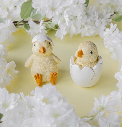 Foto på två kycklingfigurer i ägg med vita blommor