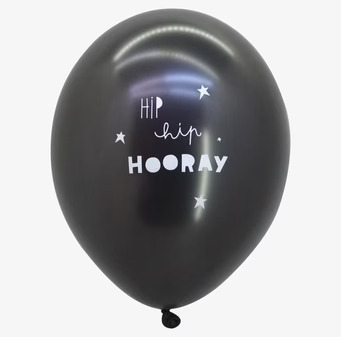 Bild av svart ballong med texten Hip Hip Hooray