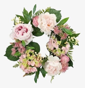 Foto: Blomkrans med pion och hortensia Ø50cm vit bakgrund