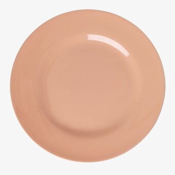 Foto av rund persikofärgad tallrik på vit bakgrund