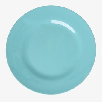 Foto: Turkos rund tallrik på vit bakgrund, blank yta