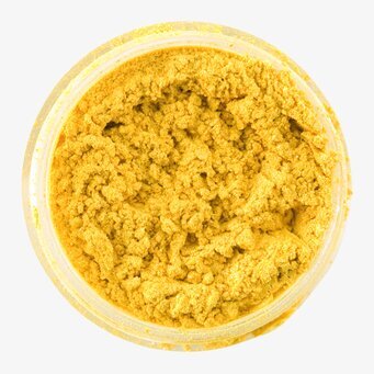 Bild av skimrande gult pulver i transparent behållare