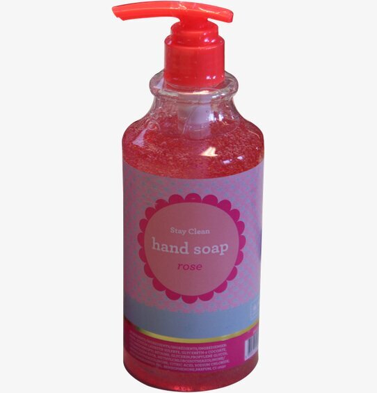 Handtvål Rose från Rice i genomskinlig flaska med röd pump