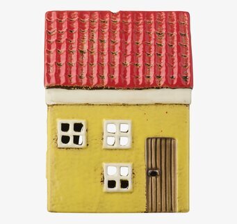 Foto av gul keramisk huslykta med rött tak, frontvy