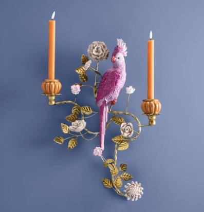 Foto: Väggljusstake med rosa papegoja och ljus 2-armad