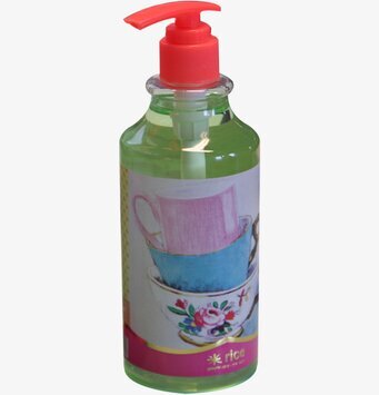 Bild av diskmedelsflaska med pump och konstnärlig etikett