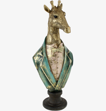 Foto: Giraffstaty byst med kavaj, fluga och sockel