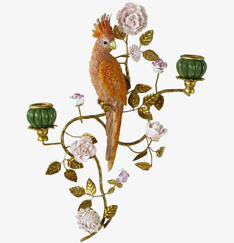 Foto: Väggljusstake med papegoja i guld och rosa blommor