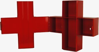 Bild av rött medicinskåp i korsform med låsbar design