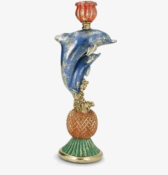 Foto: Ljusstake med blå delfin och marin patina