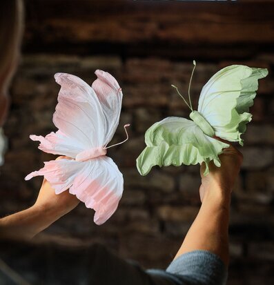 Foto: Dekorationsfjärilar i rosa och grönt inomhus