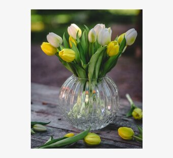 Foto: Gulvita tulpaner i räfflad glasvas på träbord