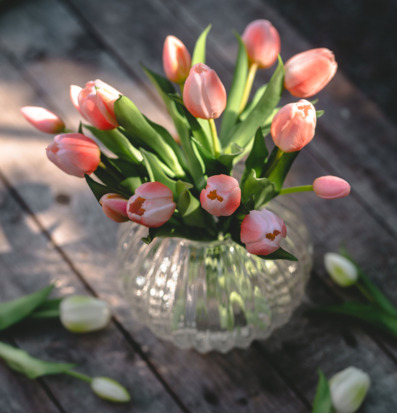 Foto: Rosa tulpaner i glasvas på rustikt träbord