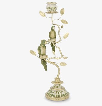 Foto av ljusstake med fåglar och blad i guldton