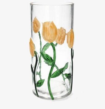 Foto: Transparent glasvas med aprikos tulpanmotiv