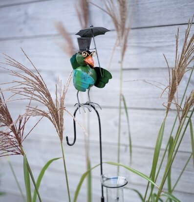 Foto: Regnmätare med hamrad fågel och paraply ute