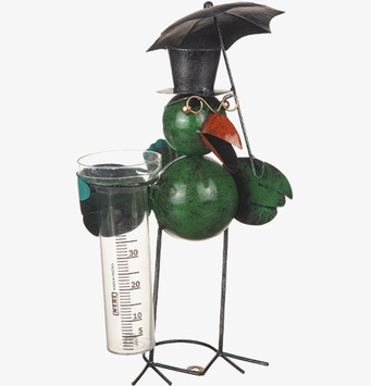 Foto: Regnmätare i metall som fågel med paraply, grön