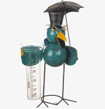 Foto av regnmätare som fågel i hamrad plåt, vit bakgrund