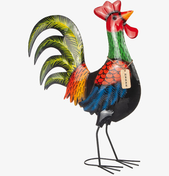 Foto: Färgstark tupp i hamrad plåt frilagd vit bakgrund