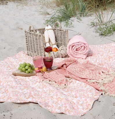 Foto: Strandpicknick med pläd, korg, druvor & glas