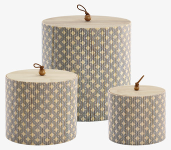 Foto: Tre mönstrade förvaringsaskar med trälock set