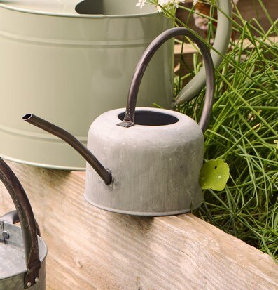 Foto: Grå vattenkanna i metall på träbänk, trädgård