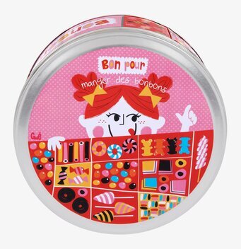 Bild av charmig och humoristisk plåtburk för godis