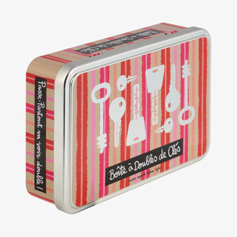 Foto av randig plåtburk med vita nyckelsiluetter