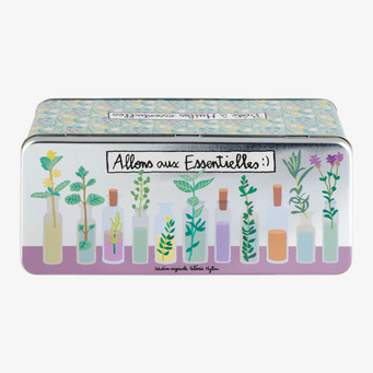 Foto: Illustrerad plåtburk med flaskor och växter