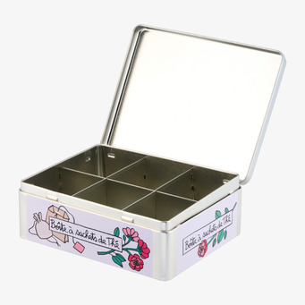 Foto på lavendelfärgad teburk med 6 fack, öppen