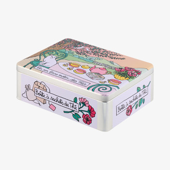 Foto: Rektangulär plåtburk med pastellillustrationer