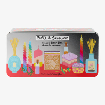 Foto: Plåtburk med ljus, doftpinnar och tändstickor