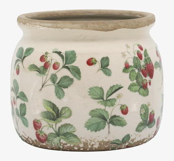 Foto: Keramikkruka med jordgubbsmotiv, vit bakgrund