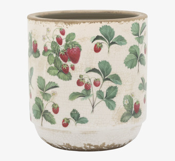 Foto på krackelerad kruka med jordgubbsmotiv Ø13cm