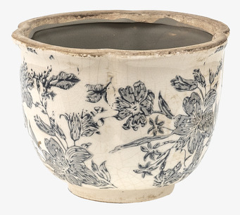 Foto: Cremefärgad kruka med grått blommönster, keramik