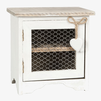 Foto av vitt äggskåp med nätlucka och hjärta