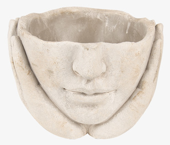 Foto: Ansiktskruka i cement med händer, vit bakgrund