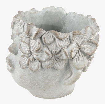 Foto: Rund låg blomkruka med blomrelief i grått beige