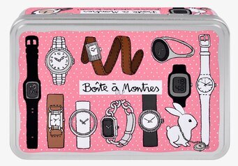 Bild av rosa plåtburk för klockförvaring med illustrationer