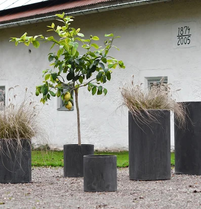 Foto: Mörkgrå metallkrukor och planteringskärl ute