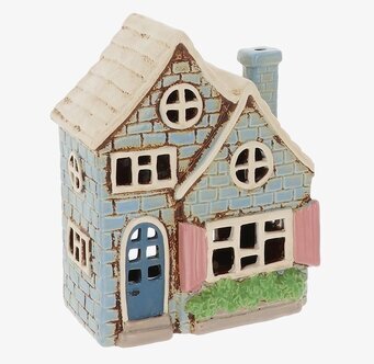 Foto av ljuslykta dubbelhus i blå keramik, detaljvy